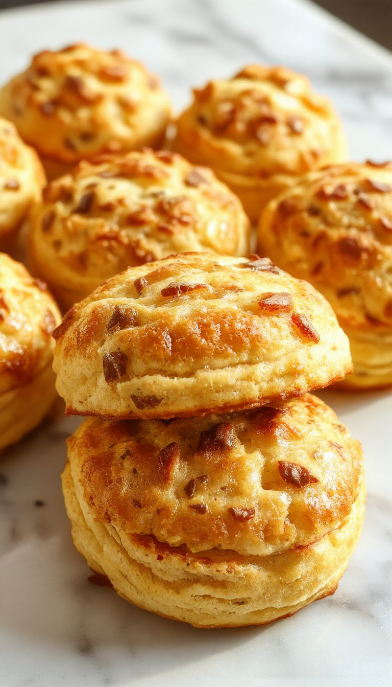 A plate of freshly baked Golden Mornings Butter Swim Biscuits, golden-brown with a buttery sheen, arranged on a rustic wooden table with a pat of melting butter on top.