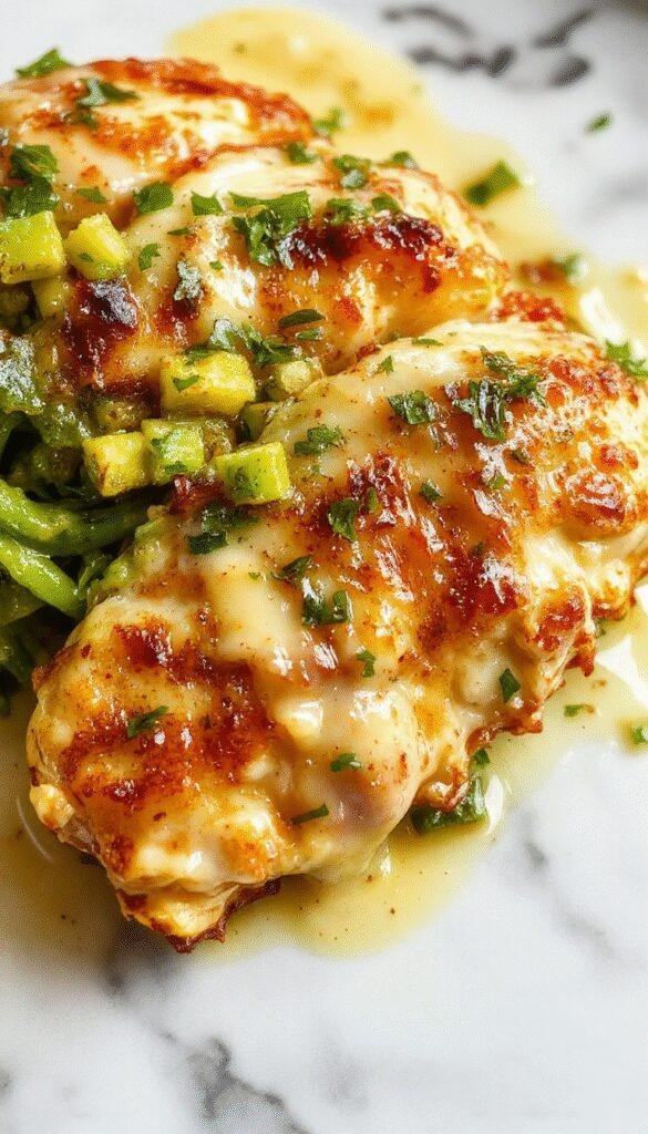 Golden Parmesan Chicken topped with crispy cheese crust, served with a rich, velvety garlic sauce on a elegant plate.