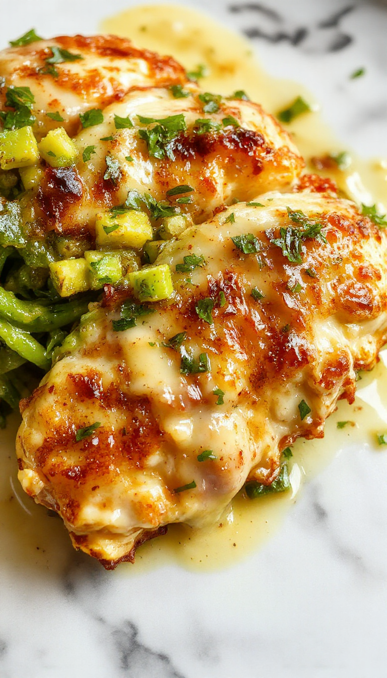 Golden Parmesan Chicken topped with crispy cheese crust, served with a rich, velvety garlic sauce on a elegant plate.