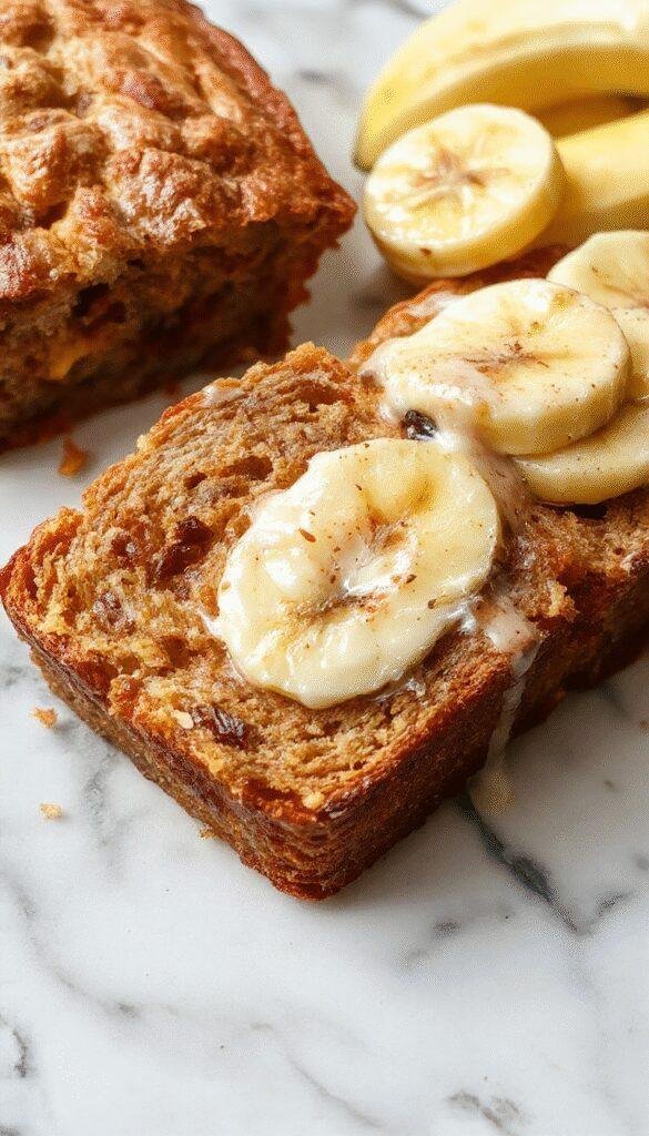 A slice of guilt-free Greek yogurt banana bread on a wooden plate, garnished with banana slices and a sprinkle of nuts, with a fresh banana beside it.