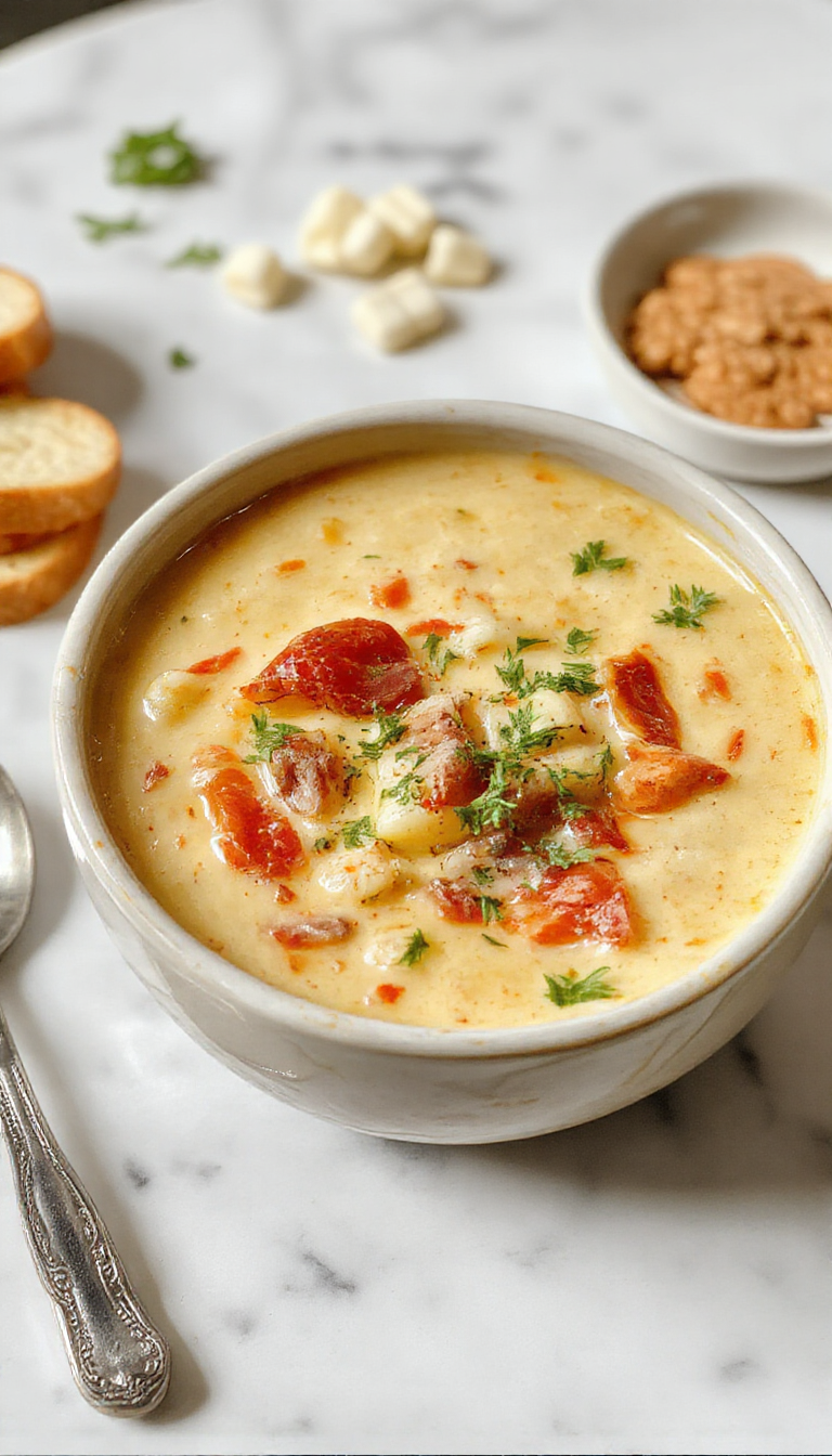 A warm bowl of Italian Penicillin Soup topped with fresh herbs and shredded cheese, with visible chunks of chicken, vegetables, and pasta on a rustic wooden table