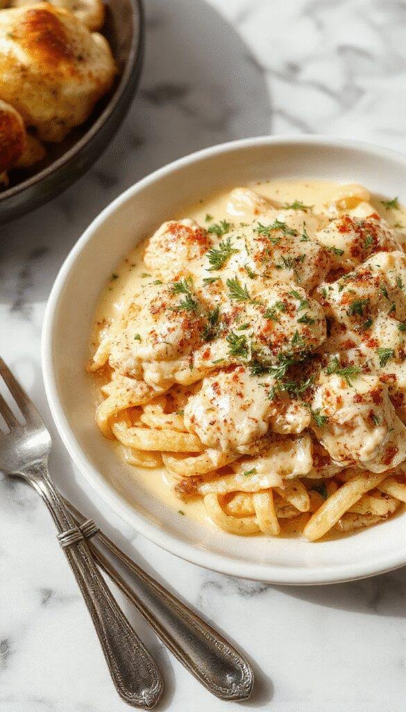 A vibrant plate of chicken Alfredo pasta beautifully arranged with tender grilled chicken slices atop creamy white sauce-covered fettuccine, garnished with fresh parsley and grated Parmesan cheese, served on a rustic wooden table with colorful vegetables in the background and a drizzle of sauce for a delicious, inviting presentation.