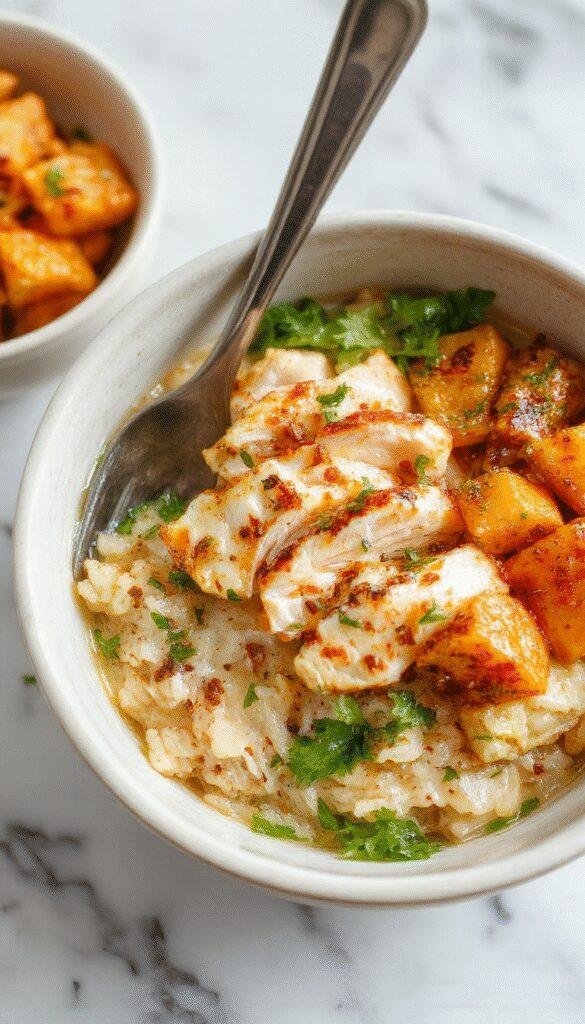 Colorful healthy chicken and sweet potato rice bowl featuring grilled chicken slices, roasted sweet potatoes, vibrant vegetables, and fluffy rice, all arranged neatly in a fresh white bowl garnished with green herbs, showcasing a textured and appetizing culinary presentation with bright lighting highlighting the freshness and vibrant colors.