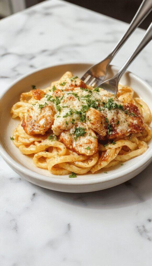A vibrant plate of garlic parmesan chicken pasta featuring tender pasta strands coated in creamy sauce, topped with crispy chicken pieces, fresh parsley, and grated parmesan cheese. The dish is plated on a rustic white plate with colorful ingredients contrasting against the dark background, showcasing a glossy, appetizing texture and inviting presentation.