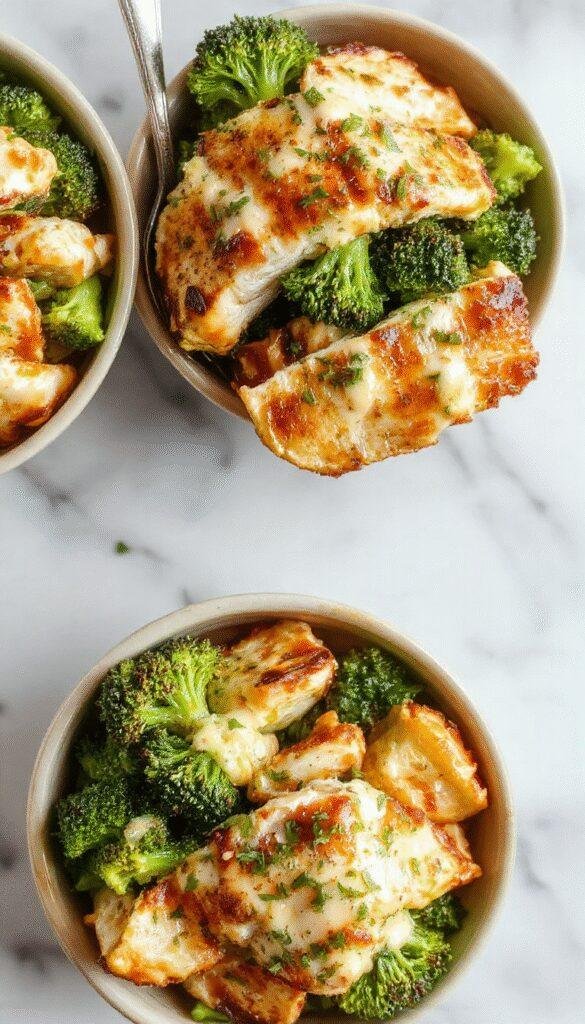 Colorful grilled chicken slices arranged atop vibrant steamed broccoli and fluffy rice in a white bowl, drizzled with a creamy garlic sauce, garnished with fresh herbs, styled for an appetizing, health-conscious meal