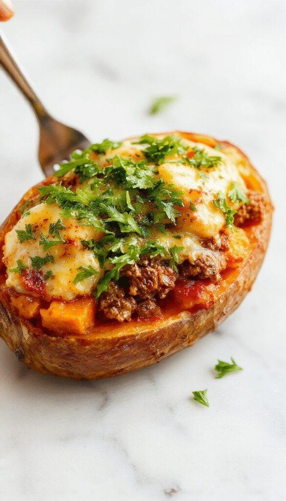 A colorful baked dish featuring golden roasted sweet potato cubes topped with seasoned ground turkey and fresh herbs, served on a rustic white plate with a side of green vegetables, demonstrating a hearty, healthy comfort food presentation with vibrant orange, brown, and green tones.