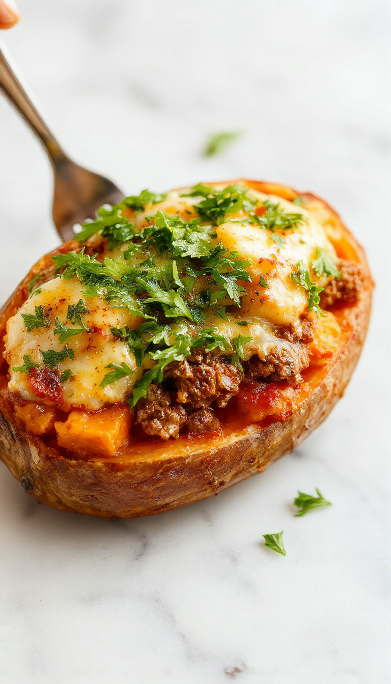 A colorful baked dish featuring golden roasted sweet potato cubes topped with seasoned ground turkey and fresh herbs, served on a rustic white plate with a side of green vegetables, demonstrating a hearty, healthy comfort food presentation with vibrant orange, brown, and green tones.
