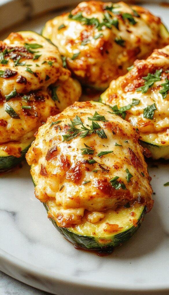 Colorful Mediterranean Chicken Zucchini Bake featuring golden-brown baked chicken pieces nestled among vibrant green zucchini slices, cherry tomatoes, and herbs on a rustic white plate, garnished with fresh parsley and drizzled with olive oil, with a blurred background of a Mediterranean-style kitchen.