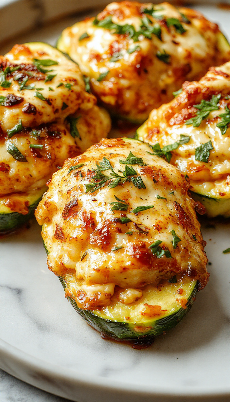 Colorful Mediterranean Chicken Zucchini Bake featuring golden-brown baked chicken pieces nestled among vibrant green zucchini slices, cherry tomatoes, and herbs on a rustic white plate, garnished with fresh parsley and drizzled with olive oil, with a blurred background of a Mediterranean-style kitchen.