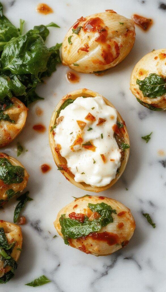 A vibrant plate of stuffed pasta shells filled with bright green spinach and creamy ricotta cheese, topped with melted golden cheese, arranged on a rustic white plate with fresh basil garnish, set against a wooden table background showcasing the textures of the dish.
