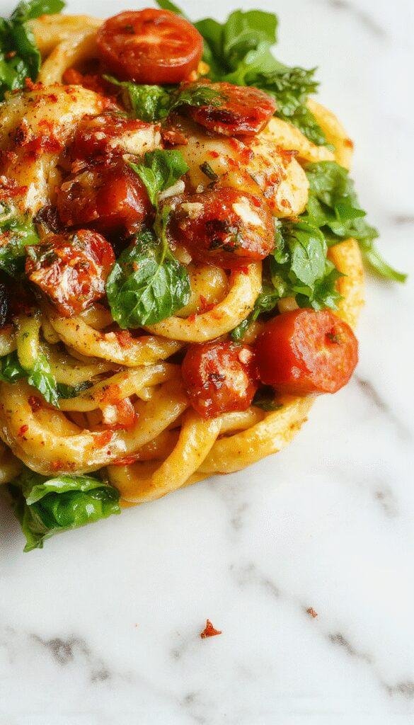 A vibrant plate of spinach and cherry tomato pasta garnished with fresh basil, showcasing bright green spinach leaves, juicy red cherry tomatoes, and al dente pasta with a glossy olive oil finish, served on a rustic white plate styled with fresh herbs and lemon wedges.