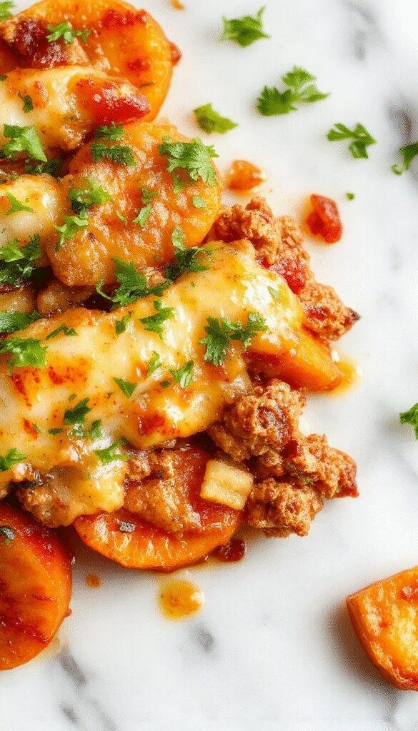 A vibrant plate showcasing a Golden-brown sweet potato and ground turkey casserole garnished with fresh herbs. The dish features tender, cubed sweet potatoes mixed with seasoned ground turkey, topped with melted cheese and colorful vegetables, presented on a rustic white plate with a side of green salad and a wooden fork.