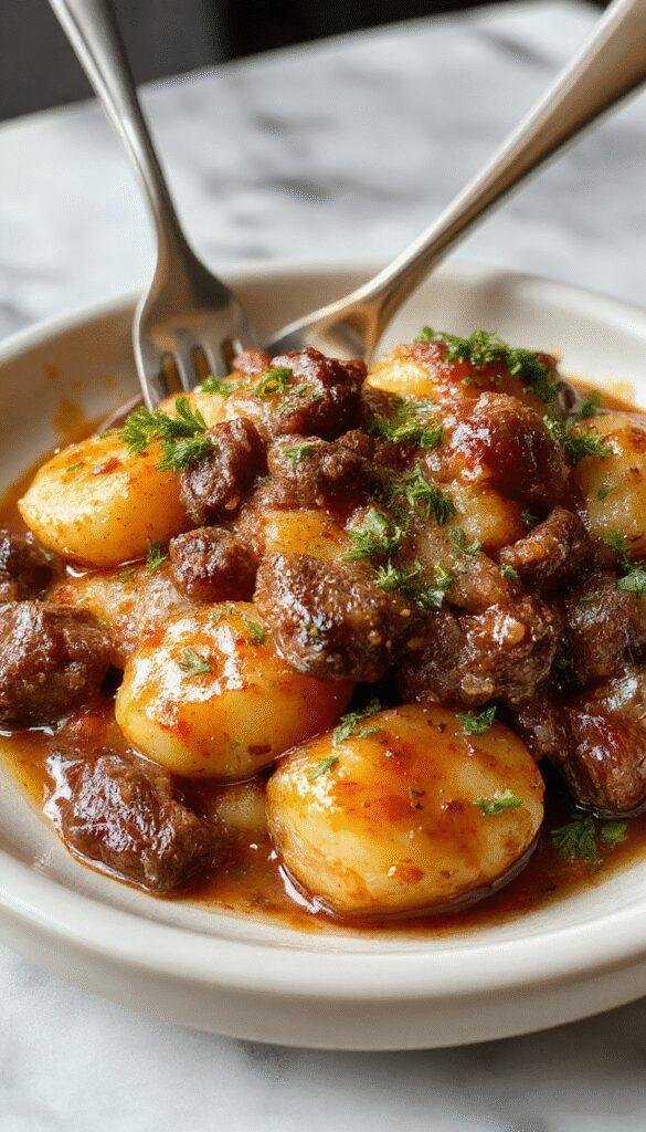 A steaming casserole of hearty beef and sliced potatoes topped with melted cheese, served in a rustic baking dish, perfect for a cozy weeknight dinner.