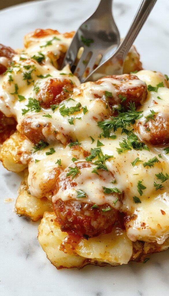 A rustic baking dish featuring golden roasted potatoes, melted cheese, slices of smoked sausage, and sprigs of fresh herbs, served on a wooden tray.