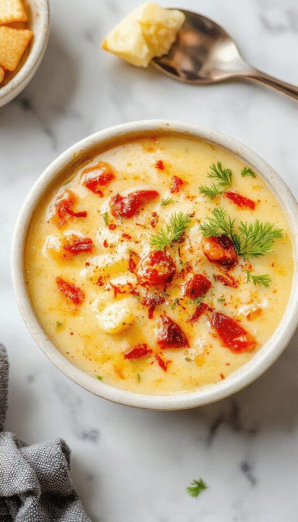 A vibrant bowl of creamy cowboy soup topped with chopped green herbs, featuring chunks of tender beef, corn, and beans in a smooth, rich broth, served on a rustic wooden table with fresh bread on the side.