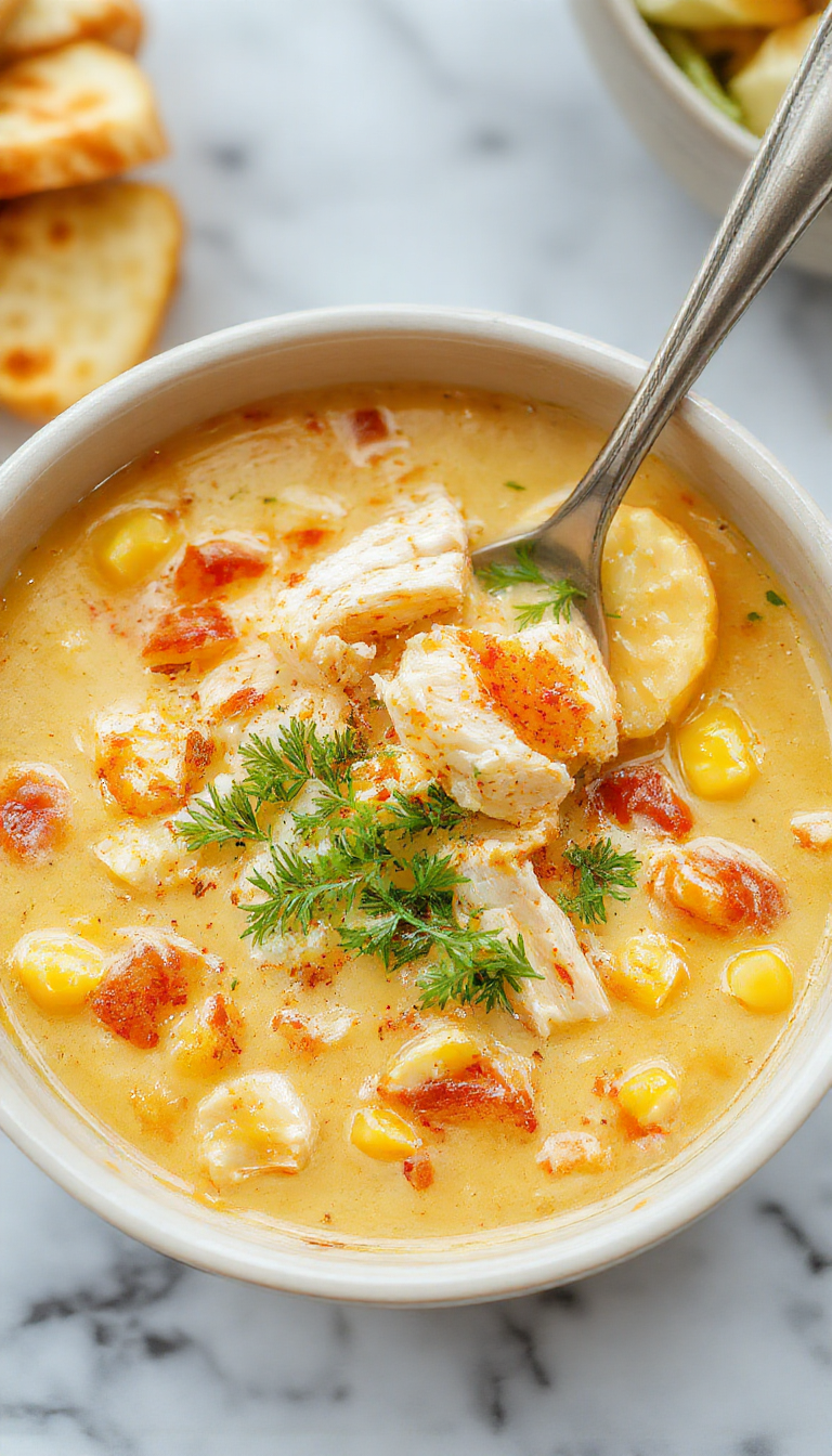 A steaming bowl of creamy chicken corn chowder garnished with fresh parsley, surrounded by warm, rustic bowls and a crusty bread beside it, with vibrant yellow corn, tender chicken chunks, and a velvety soup texture displayed on a dark wooden table with natural lighting.