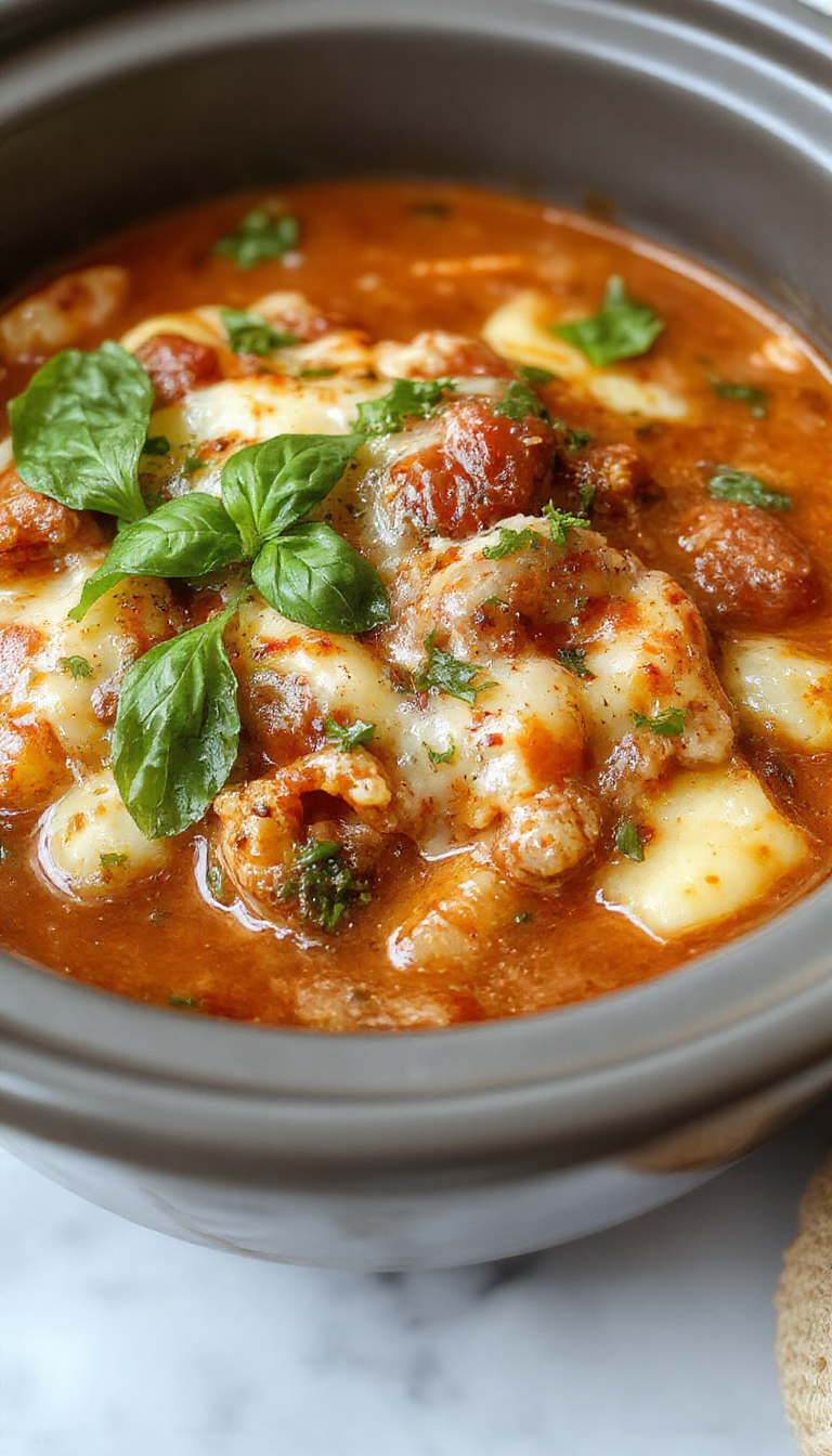 A steaming bowl of vibrant red lasagna soup topped with melted mozzarella, fresh basil leaves, and grated Parmesan, served in a rustic white bowl on a wooden surface with garlic bread in the background.