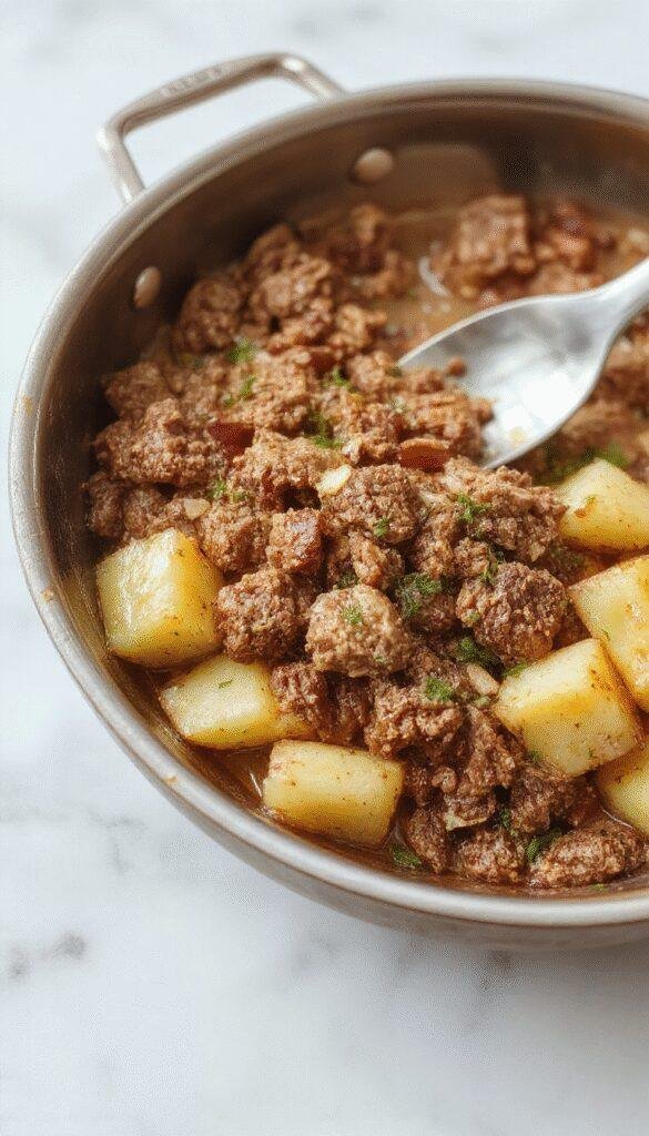 A colorful skillet featuring golden-brown ground turkey mixed with crispy roasted potatoes, garnished with fresh herbs on a rustic wooden table