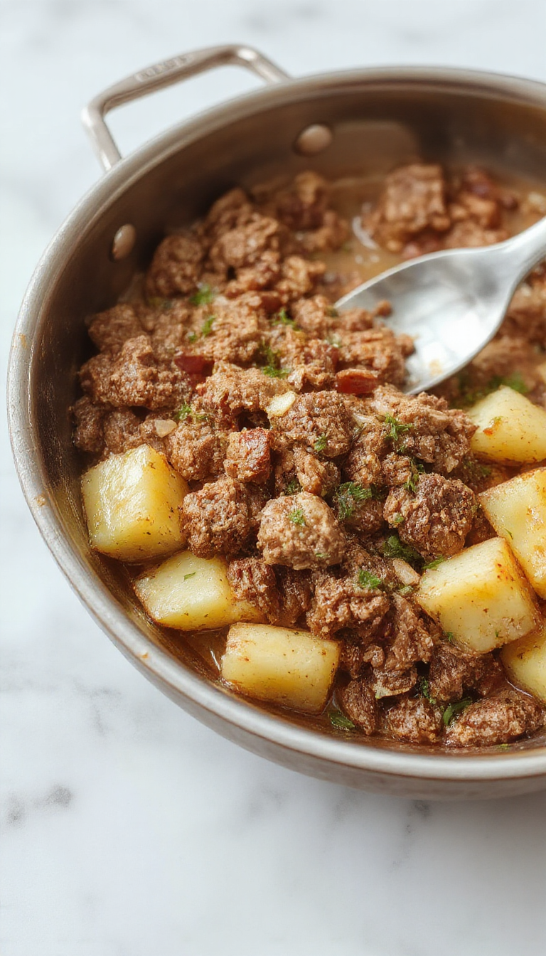 A colorful skillet featuring golden-brown ground turkey mixed with crispy roasted potatoes, garnished with fresh herbs on a rustic wooden table