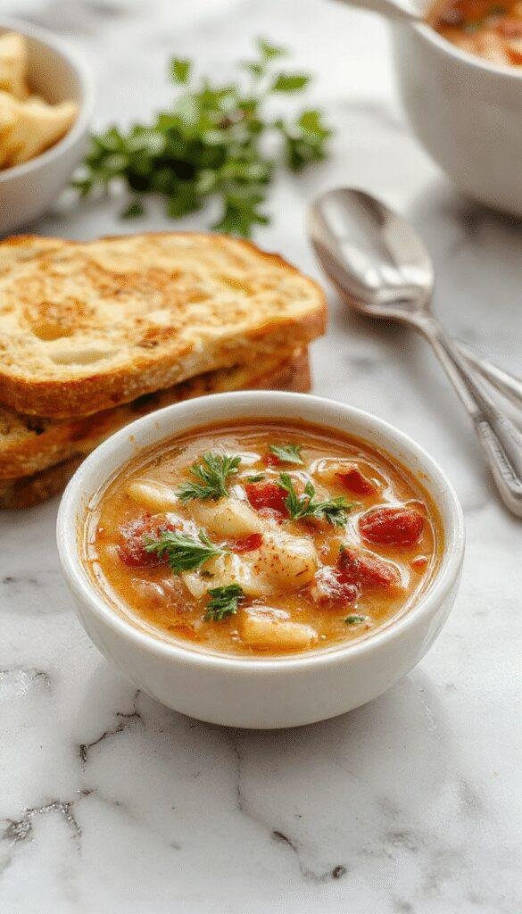 A warm bowl of Italian Penicillin Soup topped with fresh herbs and drizzled with olive oil, surrounded by rustic bread, vibrant vegetables, and lorikeets in the background, showcasing a comforting, rustic presentation with steam rising and rich textures.