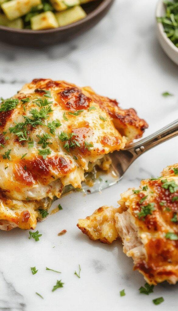 Colorful chicken casserole served on a white plate with melted cheese, fresh herbs, and vegetables. The dish is golden brown on top with hints of green from herbs, showcasing a creamy texture and crispy edges. The background features a rustic kitchen setting with a wooden table and vibrant ingredients around.