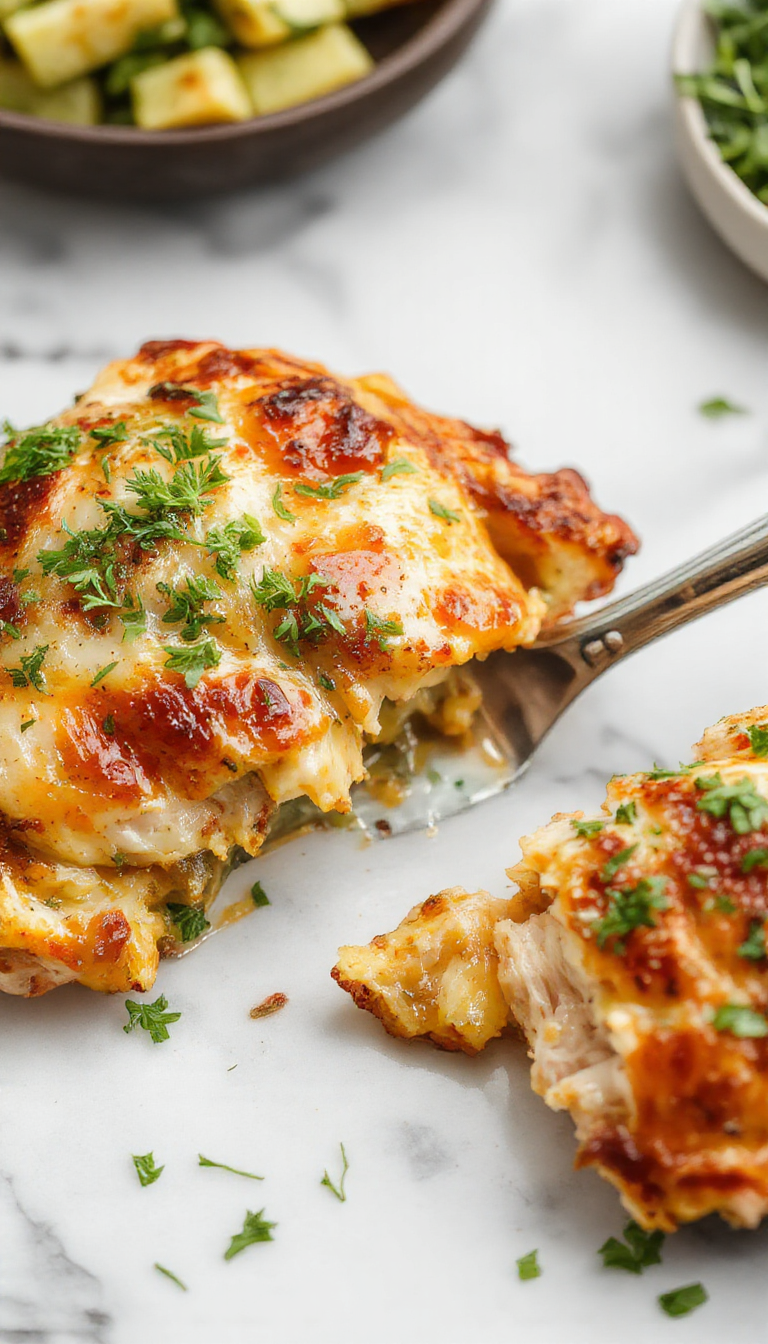 Colorful chicken casserole served on a white plate with melted cheese, fresh herbs, and vegetables. The dish is golden brown on top with hints of green from herbs, showcasing a creamy texture and crispy edges. The background features a rustic kitchen setting with a wooden table and vibrant ingredients around.