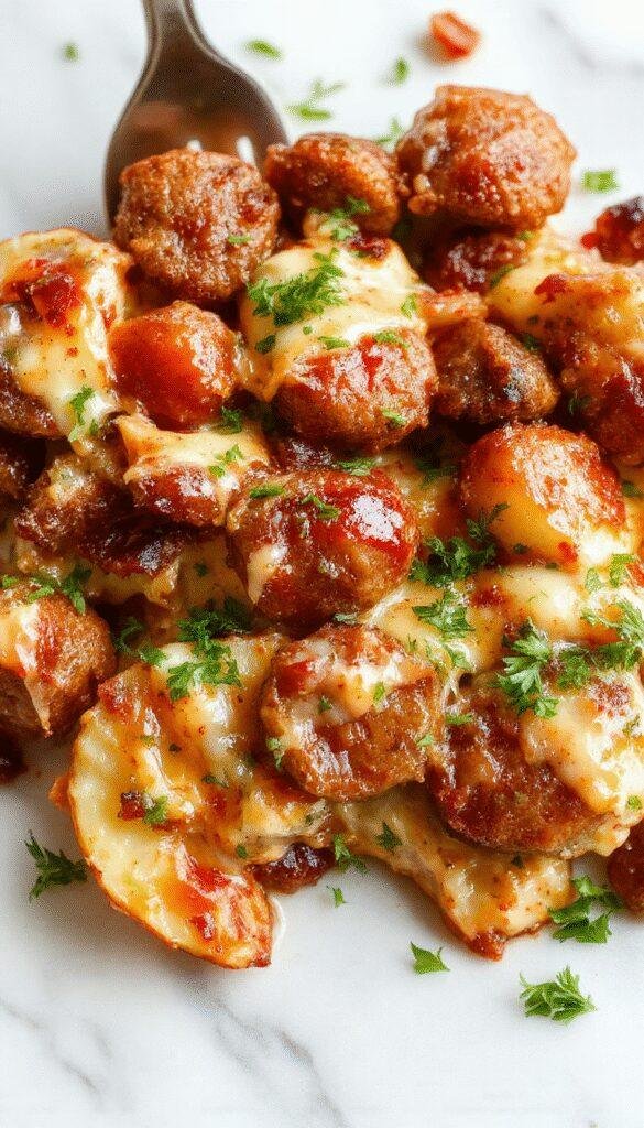 A delicious Hearty Ranch & Sausage Potato Bake served in a casserole dish, featuring golden baked potatoes, sausage slices, and fresh herbs garnishing the top.