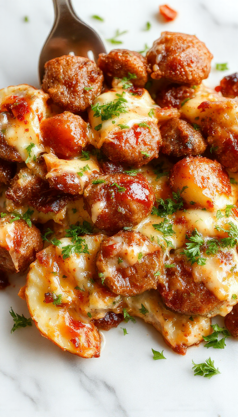 A delicious Hearty Ranch & Sausage Potato Bake served in a casserole dish, featuring golden baked potatoes, sausage slices, and fresh herbs garnishing the top.