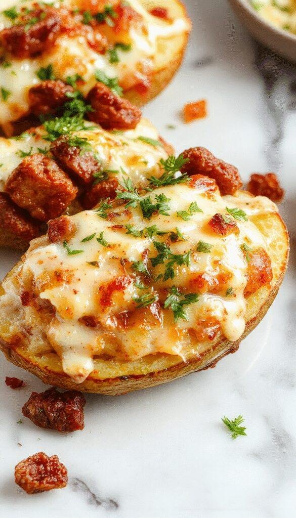 A hearty potato bake topped with slices of smoked sausage, dressed with fresh herbs and creamy ranch dressing, served in a rustic casserole dish.