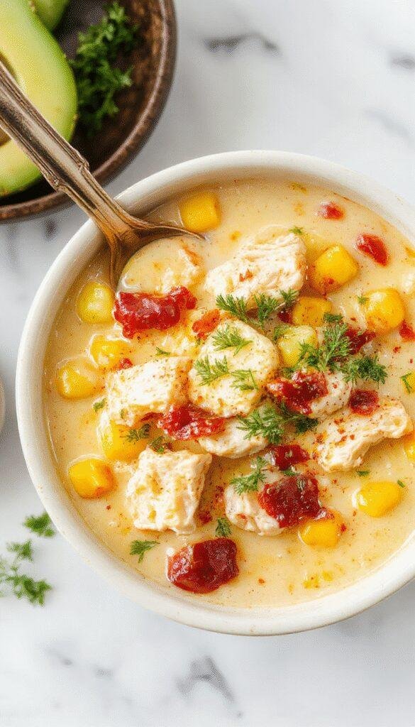 A bowl of hearty slow cooker chicken and corn chowder garnished with fresh herbs, served with crusty bread on a rustic wooden table.