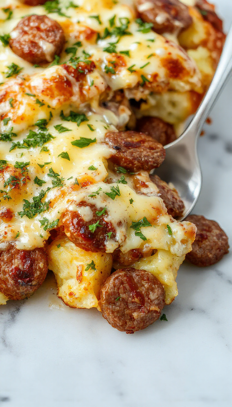 A bubbling casserole of smoked sausage, crispy potatoes, melted cheese, and creamy ranch dressing garnished with fresh herbs.