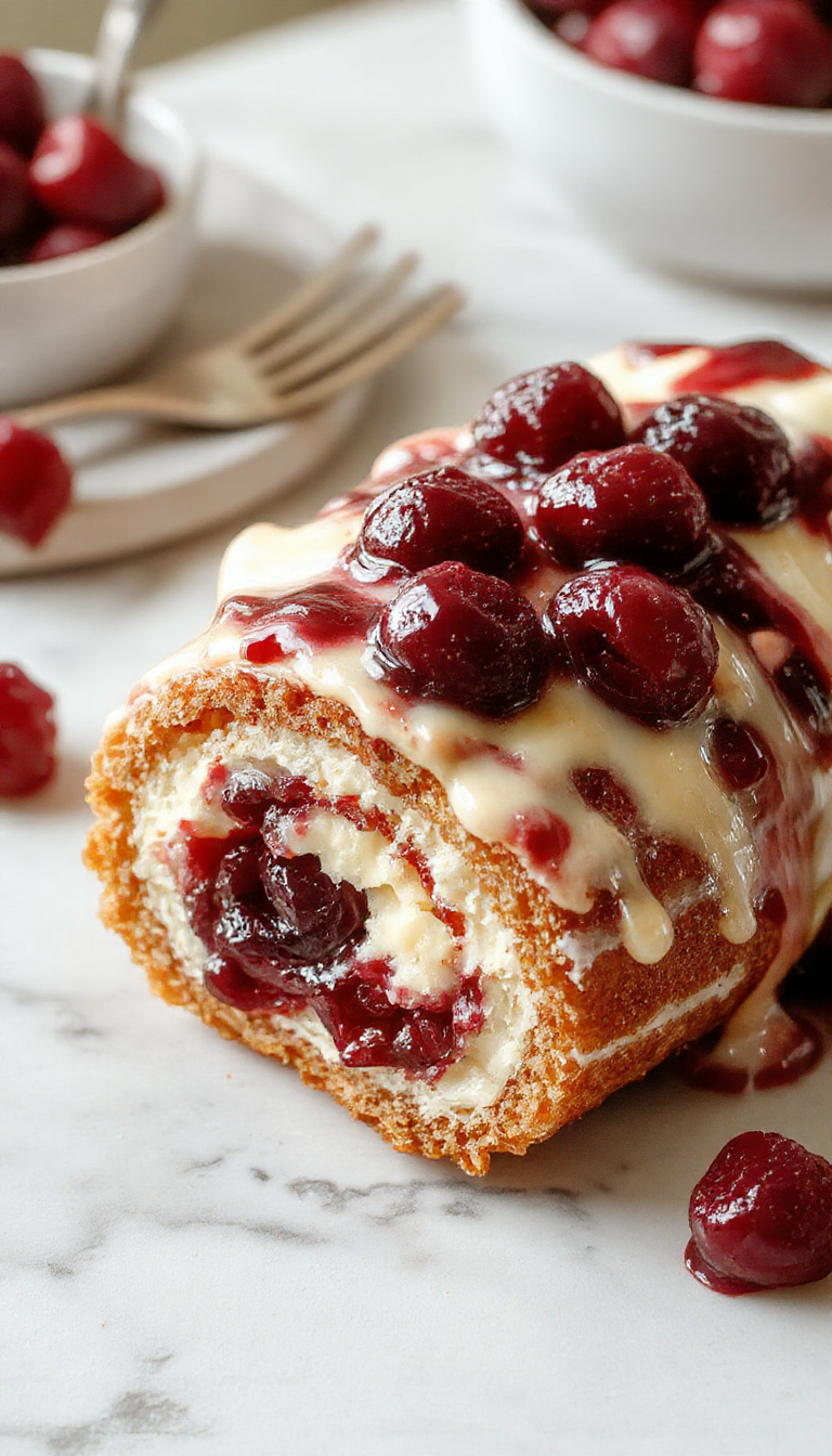 A beautifully sliced cherry cheesecake cake roll showcasing a vibrant red cherry filling nestled within a soft, golden sponge cake, topped with fresh cherries and dusted with powdered sugar, styled on a white dessert plate with a light background.