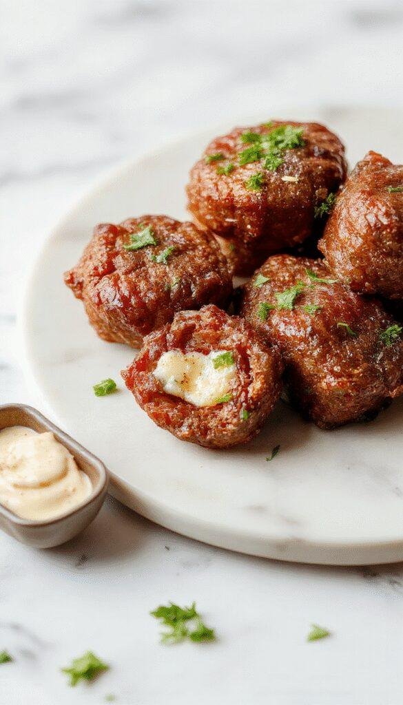 A close-up of golden-brown beef bites coated in garlic and butter, served on a white plate garnished with fresh herbs, with a rustic wooden background and steam rising from the hot dish.