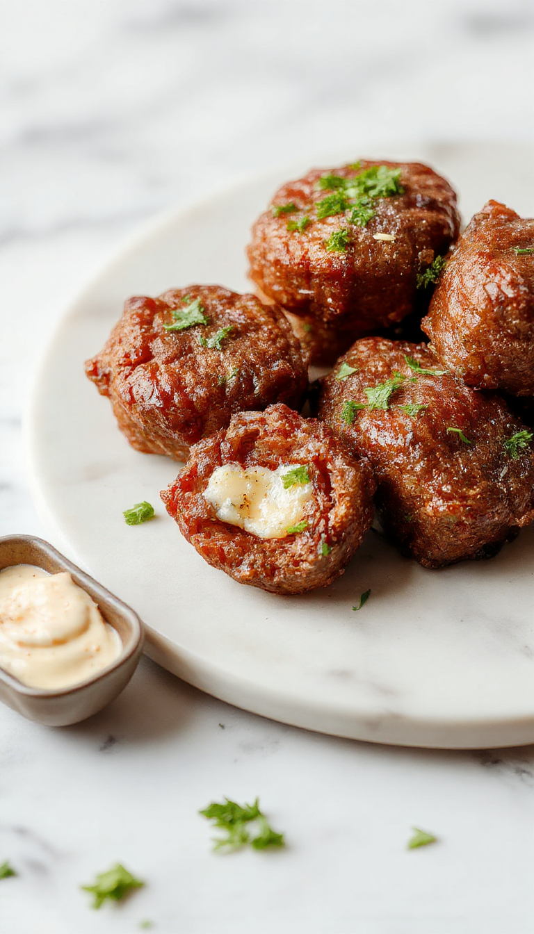 A close-up of golden-brown beef bites coated in garlic and butter, served on a white plate garnished with fresh herbs, with a rustic wooden background and steam rising from the hot dish.