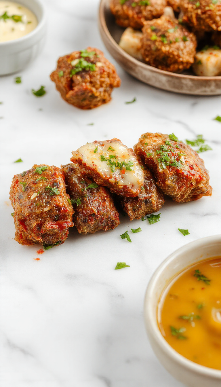 A close-up of golden-brown beef bites coated in garlic butter, served on a rustic white plate with fresh herbs, glossy sauce, and crispy edges, styled with sprigs of thyme and a wooden background