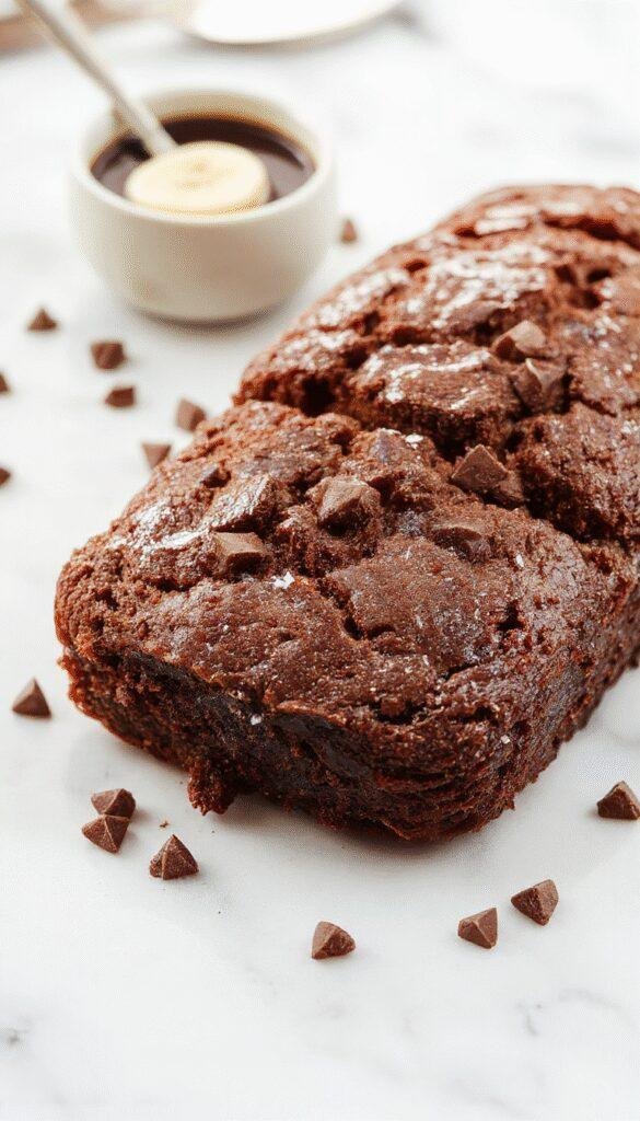 A loaf of Holiday Chocolate Espresso Banana Bread garnished with chocolate chips and espresso beans on a holiday-themed plate.