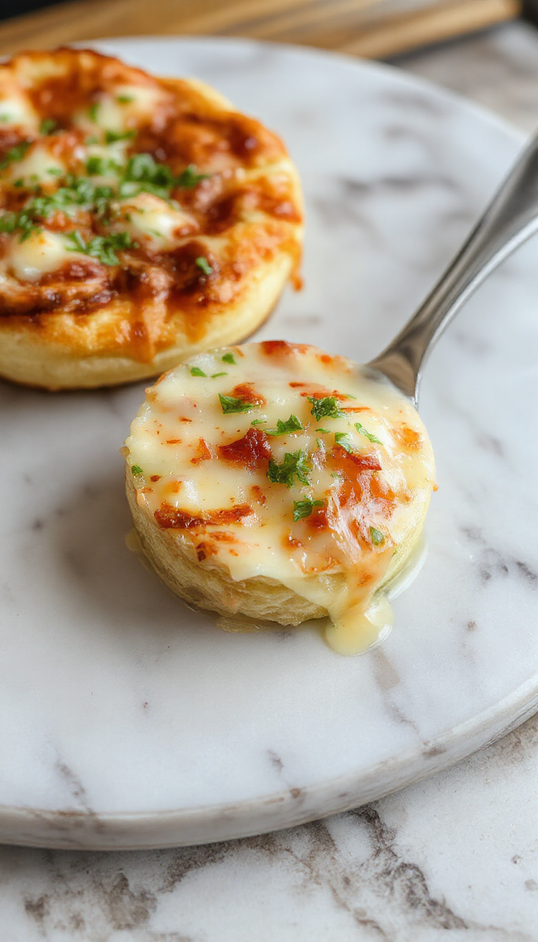 A close-up of a golden-brown French Onion Soup Pizza topped with melted cheese, caramelized onions, and fresh herbs, served on a rustic wooden board with a crispy crust visible.