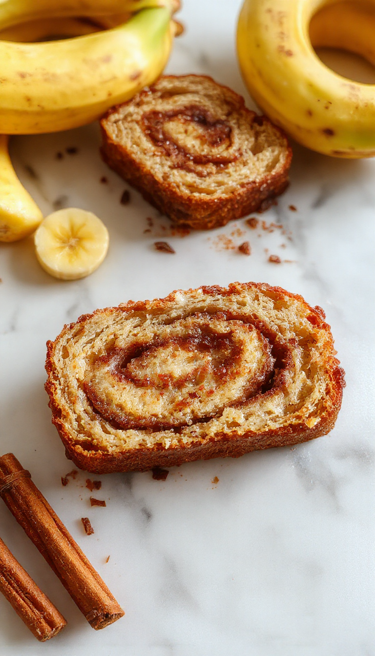 A golden-brown banana bread with a visible cinnamon swirl topping, sliced to reveal moist interior with specks of banana and cinnamon, garnished with a sprig of mint on a rustic wooden table