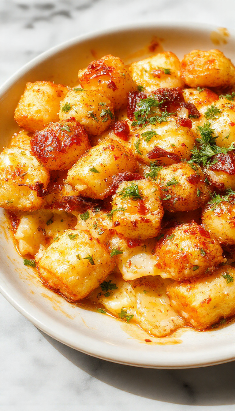A delicious Homestyle Tater Tot Bake in a casserole dish topped with melted cheese and crispy tater tots, garnished with fresh herbs.