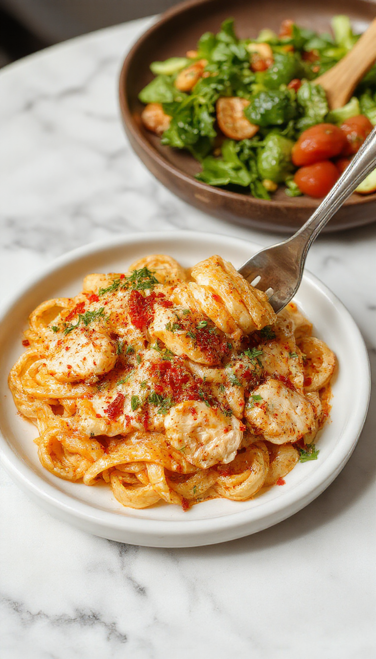 A plate of Honey Pepper Chicken Pasta featuring tender chicken strips coated in honey and pepper sauce, served over al dente pasta with fresh herbs.