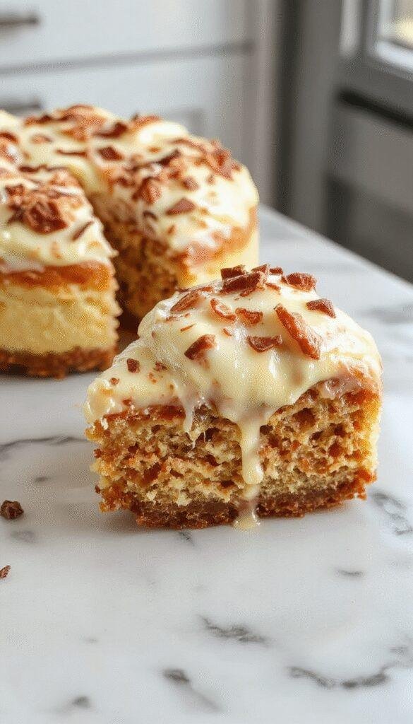 A beautifully plated carrot cake cheesecake featuring a golden-brown crust and vibrant orange carrot layers topped with smooth, creamy white frosting and garnished with grated carrots and chopped nuts, all presented on an elegant white plate with a rustic wooden background.