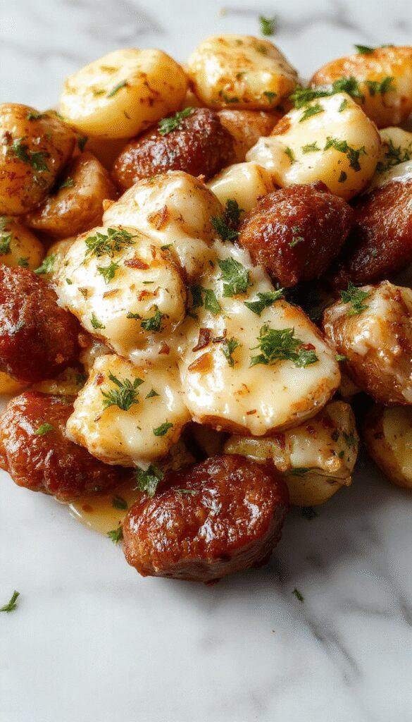 A plate of cheesy ranch potatoes topped with slices of smoked sausage, garnished with fresh herbs, served alongside a rustic skillet of cooked potatoes and sausage.