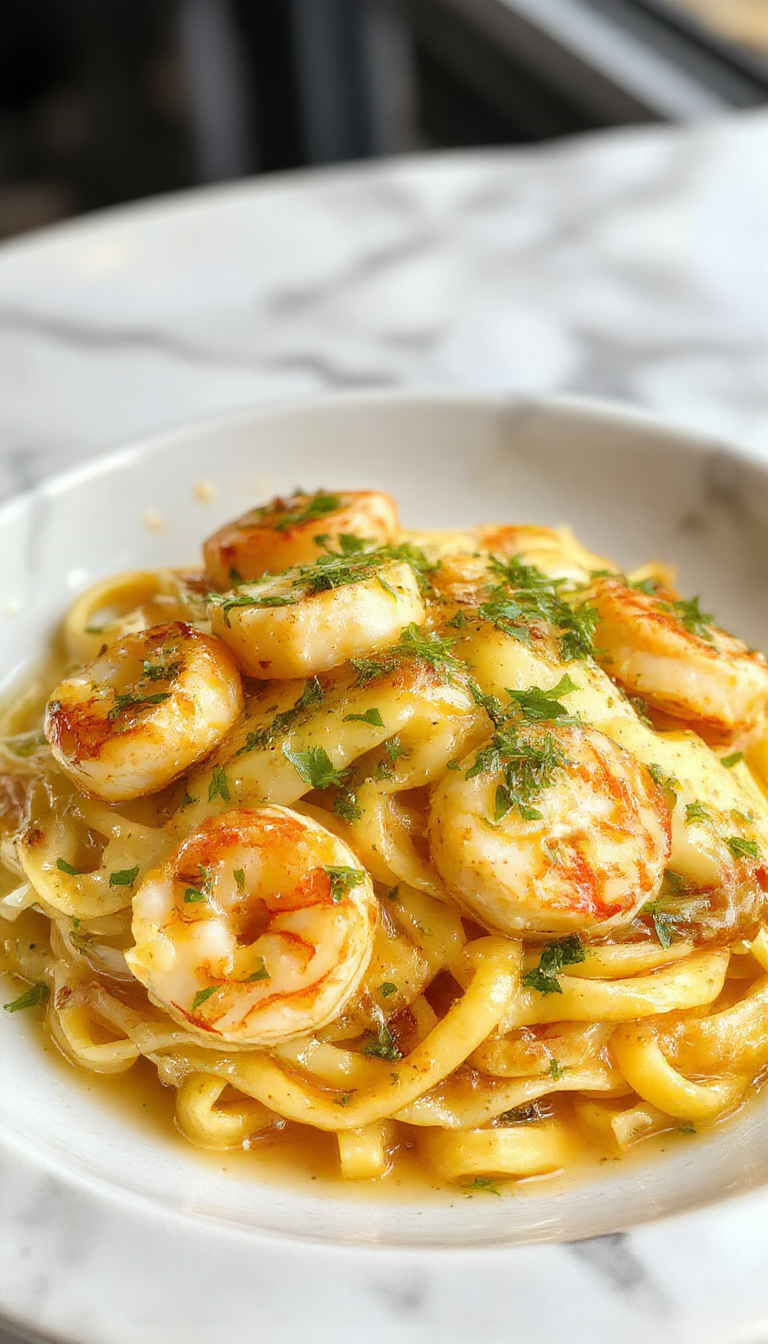 A plate of creamy garlic shrimp pasta garnished with fresh parsley, showcasing tender shrimp coated in rich garlic sauce on a bed of pasta.