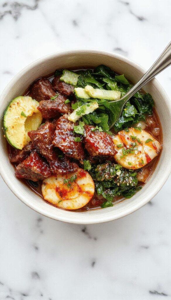 A vibrant Korean beef bowl topped with green onions and sesame seeds, served alongside fresh vegetables.