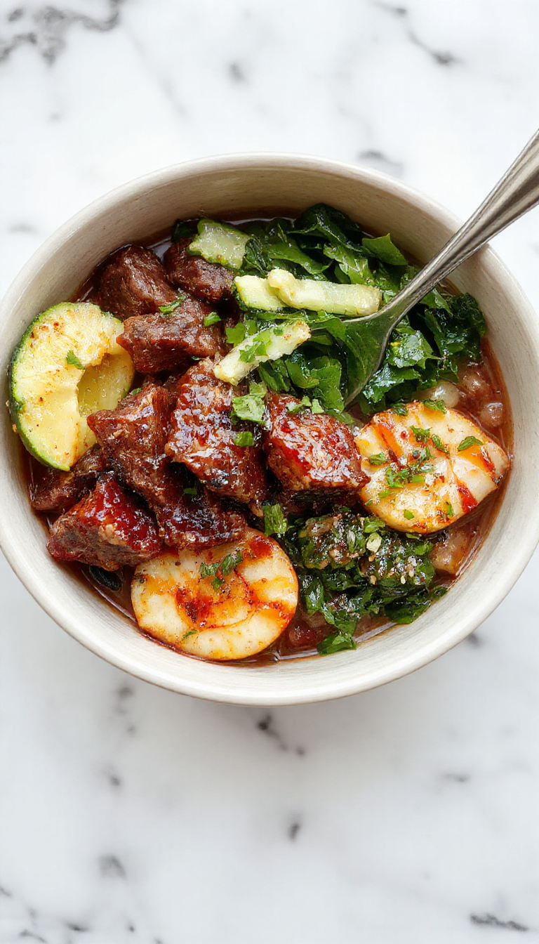A vibrant Korean beef bowl topped with green onions and sesame seeds, served alongside fresh vegetables.