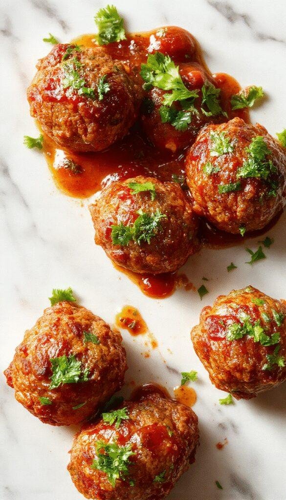 A close-up of golden-brown Italian meatballs with a glossy, marinara sauce, garnished with fresh basil on a rustic white plate. The meatballs have a tender, juicy interior visible through a slight cross-section, with steam softly rising, set on a vibrant red sauce backdrop with hints of green herbs, styled simply yet appetizingly.