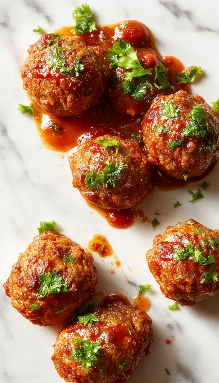 A close-up of golden-brown Italian meatballs with a glossy, marinara sauce, garnished with fresh basil on a rustic white plate. The meatballs have a tender, juicy interior visible through a slight cross-section, with steam softly rising, set on a vibrant red sauce backdrop with hints of green herbs, styled simply yet appetizingly.