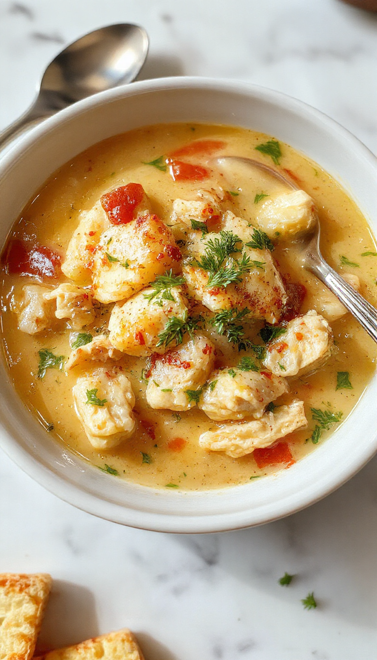 A vibrant bowl of keto chicken pot pie soup topped with fresh herbs and crispy crust crumbs. The soup is rich, golden, and creamy with chunks of chicken, vegetables, and a smooth broth, styled elegantly on a rustic wooden table with a spoon and garnished with parsley and pepper.