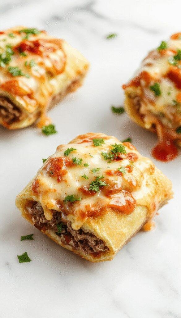 A close-up of golden-brown keto Philly cheesesteak rolls on a rustic wooden board, filled with tender sliced beef, melted cheese, and sautéed peppers, garnished with fresh herbs. The rolls are crispy on the outside with a melty, cheesy interior, styled for a casual yet appetizing presentation with a sprinkle of herbs for visual appeal.