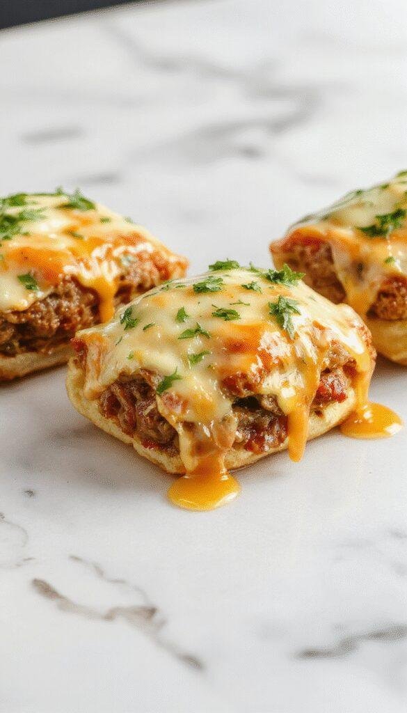 A close-up of golden-brown keto Philly cheesesteak rolls sliced open to reveal juicy steak, melted cheese, sautéed peppers, and onions inside. The rolls are placed on a rustic wooden platter, garnished with fresh herbs, with a side of dipping sauce and a few extra rolls scattered around. The vibrant colors of the peppers and the glossy cheese create an appetizing and inviting presentation.